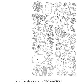 Ocean and sea for children. Pattern for boys. Pirate party. Cute fishes, animals, treasures. Kids vacation pattern, beach toys and elements.