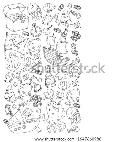 Ocean and sea for children. Pattern for boys. Pirate party. Cute fishes, animals, treasures. Kids vacation pattern, beach toys and elements.