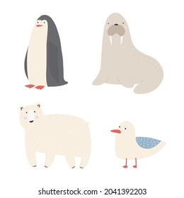 Ocean sea creatures and animals set walrus, penguin, polar bear, seagull cartoon vector Illustrations.