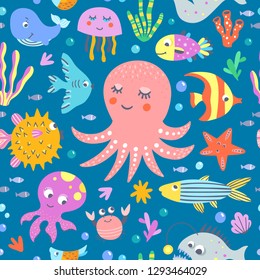 Ocean and sea creatures seamless vector pattern. Funny background for children with underwater animals and fishes