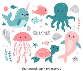 Ocean, sea cute baby animals collection on white background. Marine creatures badges, octopus, jelly fish, shell and turtle underwater inhabitants set, flat cartoon wildlife vector illustration