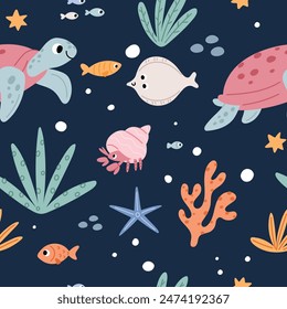 Ocean or sea with cute fish, stingray, octopus, stars Vector seamless pattern. Undersea world print for kids