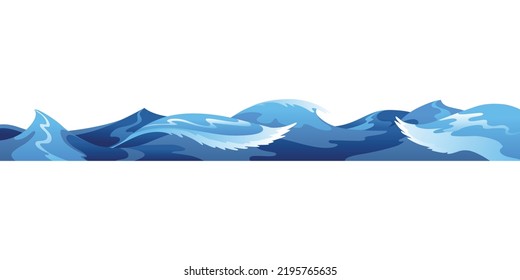 Ocean or sea decorative water wave. Vector horisontal pattern for ui games. Stylized blue waves on white background