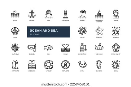 Ocean and sea detailed outline icons set with illustrations of marine life, underwater scenes, and ocean-themed symbols