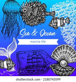 Ocean Sea Dotwork Poster. Vector Illustration of Handdrawn Tattoo Sketch Concept.