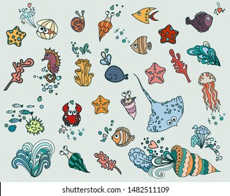 Ocean, sea elements collection. Sea animals set. Isolated ocean icons on light background.Whale, fish, corals, stingray, jellyfish, cockleshell, snail, crab, seahorse, starfish, marine elements.