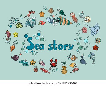 Ocean, sea elements collection. Ocean life background. Hand drawn cartoon style sea story text, creative design liters. Sea animals set. Isolated ocean icons on light background. Whale, fish, corals.