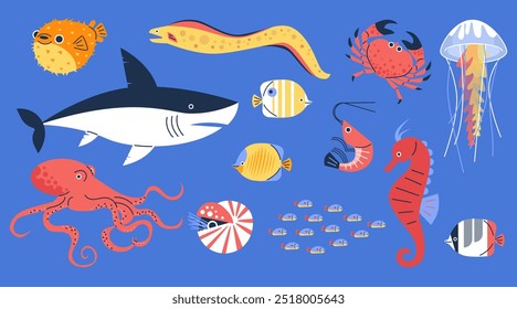 Fauna marina o marina, fauna marina, animales submarinos. Pulpo de dibujos animados, cangrejo, caballito de mar, medusas, camarones, tiburones y otros peces. Conjunto de ilustraciones planas de Vector aisladas sobre fondo azul