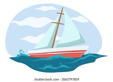 Ocean or sea journey on water transport vessel. Isolated sailboat with mast and deck, sails and equipment for traveling. Yacht for weekends relax and outdoors activities. Vector in flat style