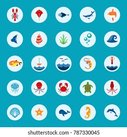 ocean or sea logo with with animals and fish, shellfish and seashells. marine icon. use for the interface in the application.