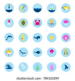 Ocean or sea logo with with animals and fish, shellfish and seashells. marine icon. Use for the interface in applications.