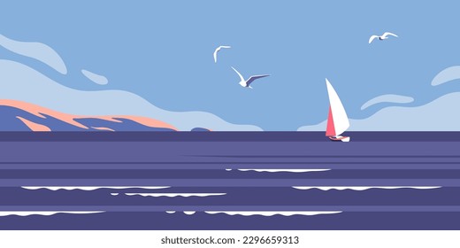 Ocean or sea nature landscape with gulls and yacht. Vector illustration.