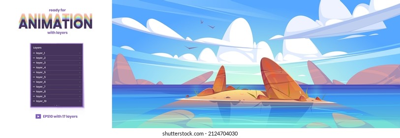 Ocean or sea nature landscape, parallax background with 2d separated layers ready for game animation. Shallow with rocks in clean water under clouds and gulls flying in sky Cartoon vector illustration