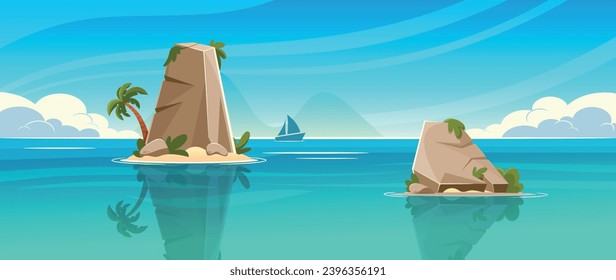 Ocean Or Sea Nature Landscape With Shallow Or Rocks In Clean Water With Sailing Ship Under Fluffy Clouds In Azure Sky