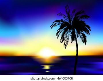 Ocean or sea with palm tree and sun, wild nature landscape illustration, vector, black silhouette on color background, realistic sunset or sunrise