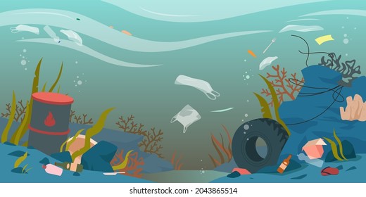 Ocean, sea or river water polluted with garbage waste vector illustration. Cartoon dirty underwater landscape with pollution, plastic bottle and bag, paper packaging environmental damage background