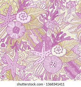 Ocean sea seamless pattern on pink
gentle background. Perfect for cosmetics or  jewelery brand design, web design.
