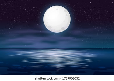 The ocean or sea. Sky with clouds and reflection of light in the water surface, romantic fantasy on the background of a natural scene. Cartoon vector illustration