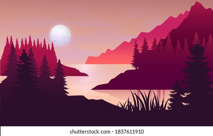 Ocean or sea. sky with clouds and reflection of light in the water surface. Cartoon illustration.