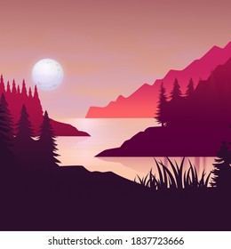 Ocean or sea. sky with clouds and reflection of light in the water surface. Cartoon illustration.