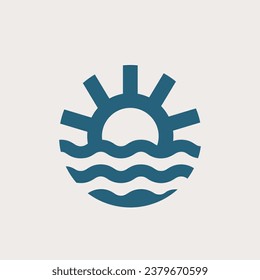 Mar oceánico, sol, cielo, tierra, concepto. emblema del logotipo del círculo ambiental. Icono de paisaje moderno, geométrico, orgánico, de estilo balneario aislado en fondo de luz. Líneas de diseño de decoración minimalista circular para el complejo vacacional.