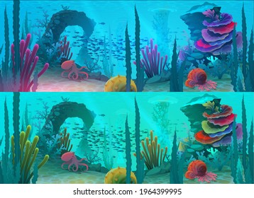 Fondo marino o oceánico con peces vectores de dibujos animados, arrecife de coral y fondo marino, agua azul, pulpo, moluscos y conchas marinas. Vida silvestre marina, juego ui, paisaje marino, medio ambiente y diseño ecológico