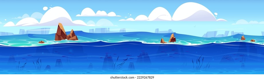 Ocean or sea underwater background cross section view and cloudy sky. Sandy bottom, rocks, weeds and fishes swimming under water surface, marine scene, Cartoon vector illustration, game background