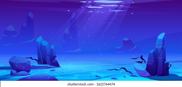 Ocean or sea underwater background. Empty sandy bottom with seaweeds grow at rocks and air bubbles floating at sunlight beam falling from above. Marine scene, undersea life Cartoon vector illustration