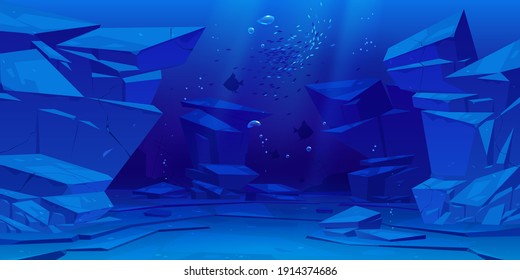 Ocean or sea underwater background. Empty bottom with rocks, fish silhouettes and air bubbles floating at sunlight beams falling from above. Marine scene, undersea life Cartoon vector illustration