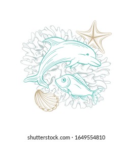 Ocean and sea vector line art, dolphin fish, seashell and starfish in coral reef. Golden sketch line drawing and hatching style marine underwater design, nautical artwork and undersea decoration