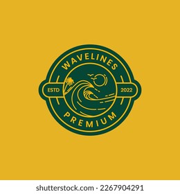 ocean sea water wave coast afternoon sunset bird colony line art badge vintage logo design vector icon illustration