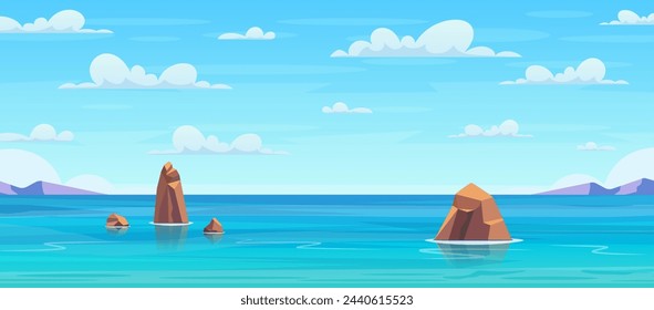 Ocean or sea water with waves and clouds in sky, summer blue seascape with cloudy sky and seaside panorama. Sea landscape with stones in water and clouds in blue sky. Vector illustration in flat style