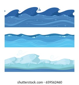 Ocean or sea water waves. Vector set of horisontal seamless patterns for ui games