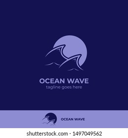 Ocean sea wave blue logo icon symbol with moon or sun silhoutte vector