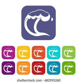 Ocean or sea wave icons set vector illustration in flat style in colors red, blue, green, and other