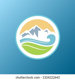 Ocean Sea Wave with Leaf and Mountain for Nature Natural Environment logo design
