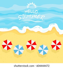 Ocean or sea wave on a sandy beach with umbrellas and lettering Summer time, illustration.