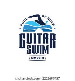 Diseño del logo de Ocean Sewa Wave Water con Instrumento de guitarra y Swimmer for Swimming Sport Song