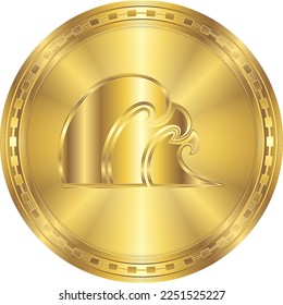 Ocean Sea Wave Water Element Zodiac Symbol Glowing Metal Round Gold Coin Digital Currency Icon Isolated on White Background Vector Illustration for Horoscope, Astrology.