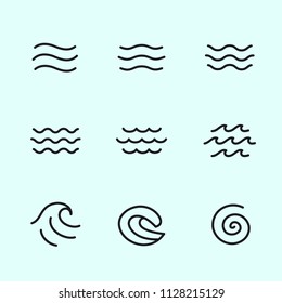 Ocean, sea waves vector illustration flat simple lines, icons, symbols set