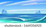 Ocean or sea waves with white foam, nature landscape with fluffy clouds in sky and rocks sticking up from water surface. 