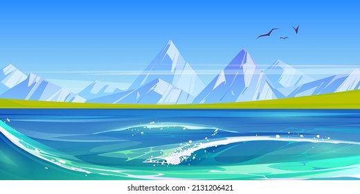 Ocean or sea waves with white foam, nature landscape with flying birds in blue sky, green field and rocks around water surface. Summer day tranquil seascape background, Cartoon vector illustration