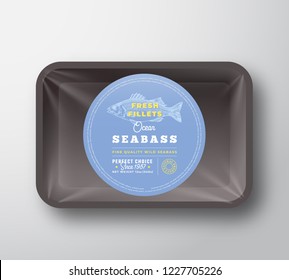 Ocean Seabass Fillets. Abstract Vector Fish Plastic Tray with Cellophane Cover Packaging Design Round Label or Sticker. Retro Typography and Hand Drawn Sea Bass Silhouette Background Layout. Isolated.