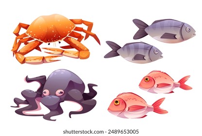 Ocean seafood and fish for restaurant illustration. Fresh crab and octopus variety underwater element set. Marine gourmet cooking design for market. Healthy nutrition for dinner graphic collection