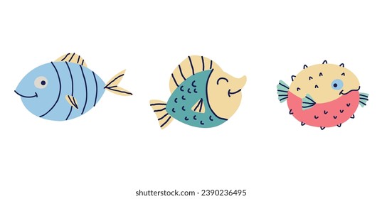 Ocean sealife cute fish characters underwater isolated set. Vector flat graphic design illustration