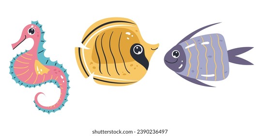 Ocean sealife cute fish characters underwater isolated set. Vector flat graphic design illustration