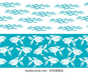 Ocean seamless borders with waves and fish vector