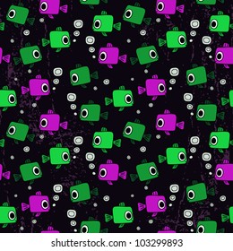 Ocean seamless cartoon pattern with tropical colorful fishes. Vector illustration. Seamless pattern can be used for wallpaper, pattern fills, web page background, surface textures.