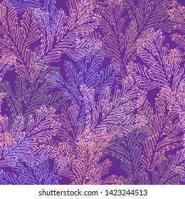 Ocean seamless colourful pattern with linear pink sea coral on violet background. Can be used for textile, paper, scrapbooking, wrapping, web and print design