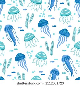 Ocean seamless pattern with bubbles, jellyfish and fishes on white background. Perfect for summer greeting cards.